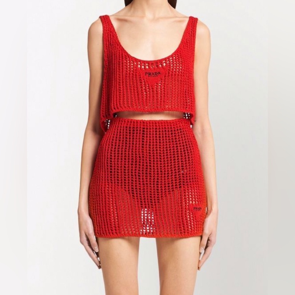 PRADA open knit crop top and skirt red.